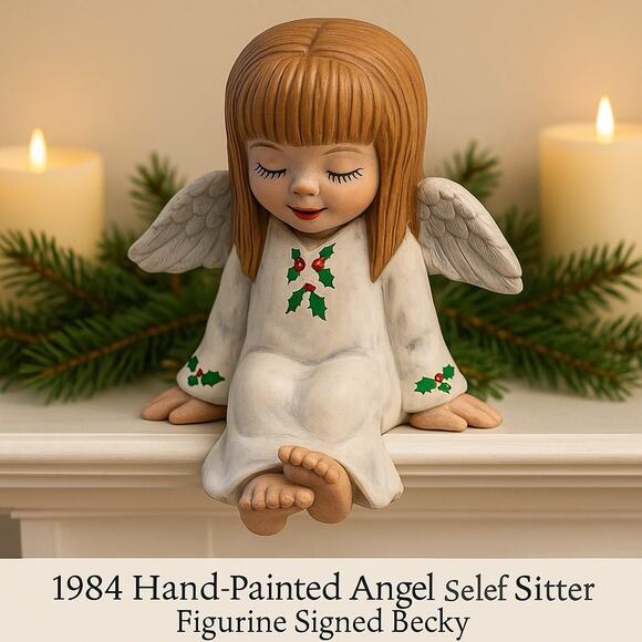 Vintage 1984 Hand Painted Angel Shelf Sitter Figurine Signed Becky 8in Ceramic” - Picture 1 of 7